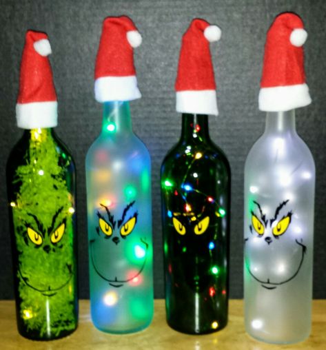 Grinch wine bottles. Grinch Lantern Diy, Grinch Wine Bottle Crafts, Grinch Wine Bottle Diy, Grinch Wine Bottle, Grinch Breakfast, Wine Bottle Nativity Scene, Light Up Wine Bottles Diy Christmas, Grinch Painted Wine Bottle, Holiday Wine Bottle Crafts