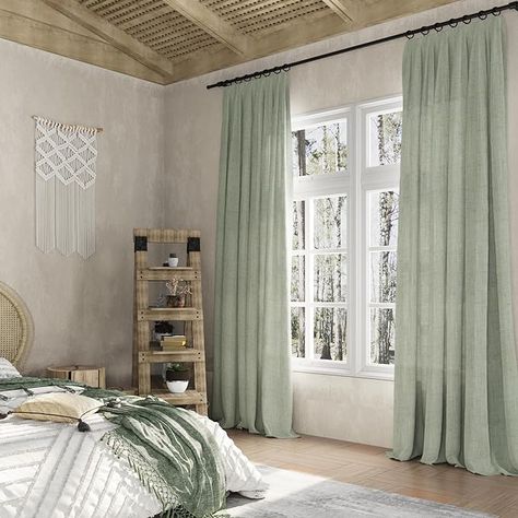 Green Linen Curtains, Light Green Curtains, Green Curtains Bedroom, Sheer Curtains Bedroom, White Walls Living Room, Green Sheer Curtains, Dream Room Ideas, Apartment Designs, Sheer Window Curtains