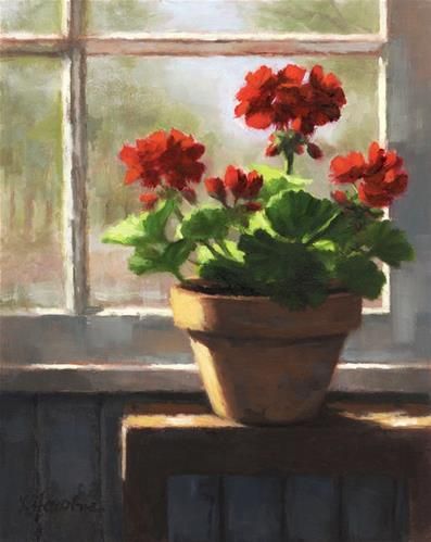 Daily Paintworks - Linda Jacobus Guache Art, Bathroom Paintings, Flowers In A Pot, Oil Painting Inspiration, Red Geraniums, Flower Art Painting, Daily Paintworks, Arte Floral, Fine Art Gallery