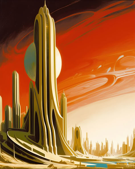 Artist ~ Micell A. Metropolis Aesthetic, Retro Futurism Space, Organic Interiors, Richard Powers, Forbidden Planet, Art Cyberpunk, Red Sand, Sci Fi City, Space Age Design