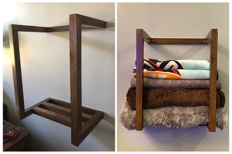 Blanket Storage Wall Mount, Diy Wall Blanket Rack, Diy Blanket Rack For Wall, Blanket Storage Wall, Blanket Rack On Wall, Blanket Wall Rack Diy, Diy Quilt Rack, Blanket Rack Diy, Diy Blanket Storage