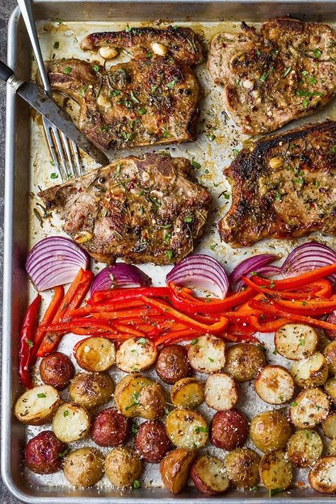 Baked Sheet Pan Pork Chops in Oven — A quick and easy sheet pan dinner you can whip up in a breeze. - #recipe by #eatwell101® Pork Chops In Oven, Sheet Pan Pork Chops, Sheet Pan Pork, Easy Sheet Pan Dinner, Oven Pork Chops, Pan Pork Chops, Pork Chops And Potatoes, Easy Sheet Pan Dinners, Sheet Pan Suppers