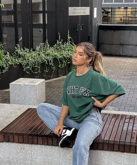 Just restocked 💚 @ashleighmenin wearing the ‘Varsity’ tee in green Tap to shop (Prices in $AU) Ashleigh Menin, Varsity Tee, Varsity Tees, Fire Hose, New Chic, Tshirt Outfits, How To Style, Shirt Outfit, Pretty Outfits