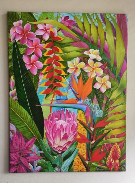 Hawaiian Tropical Flowers Original Oil Art Painting on Canvas, Hawaii Art, Large 24x18 Tropical Plants Leaves Wall Art Tropical Plants Painting Acrylic, Oil Art Painting, Paradise Painting, Bird Painting Acrylic, Big Painting, Door Painting, Tropical Art Print, Leaves Wall Art, Tropical Painting