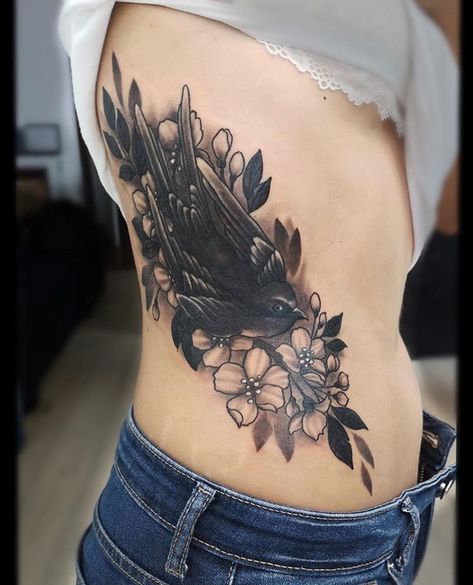 Cover up tattoo with Swallow, Flowers and Leaves Ribs Cover Up Tattoo, Girl Rib Tattoos, Rib Tattoos For Women, Up Tattoo, Tattoo Cover-up, Cover Up Tattoo, Female Tattoo, Rib Tattoo, Cover Up Tattoos