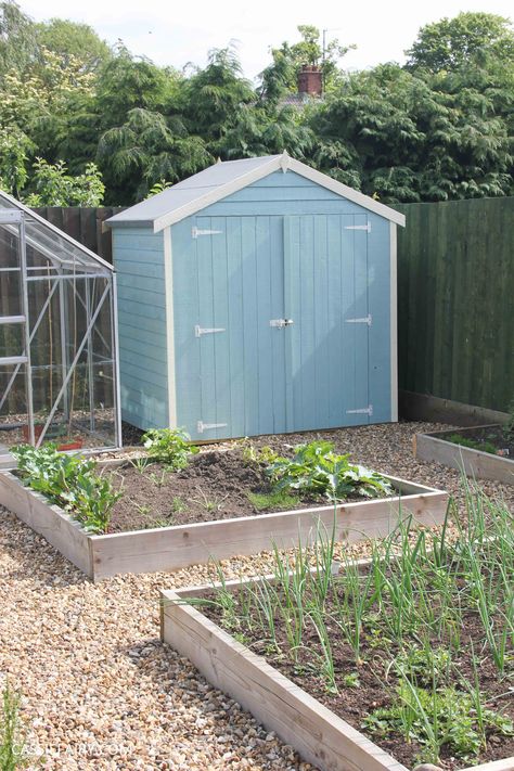 diy painting and installing small shed – duck egg blue beach hut in garden-19 Beach Hut Shed, Shed Exterior Ideas, Seaside Gardens, Blue Shed, Small Shed, Outdoor Playhouse, Pool Shed, Seaside Garden, Small Sheds