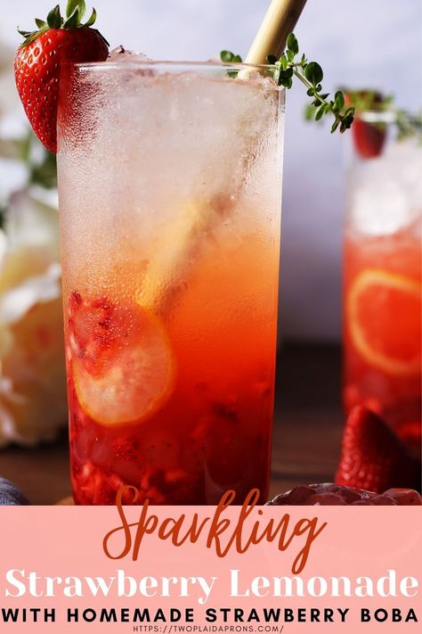 This Sparkling Strawberry Lemonade with Homemade Strawberry boba is perfect for any time of the day! It's refreshing, cool, and best of all, it has boba! Make sure to check out the recipe for details, tips, and tricks! #lemonade #boba #strawberry #fresh #recipe #summer #drink Alcoholic Boba Drinks, Fruit Tea Boba Recipe, Boba Lemonade Recipe, Strawberry Refresher Recipe, Sparkling Strawberry Lemonade, Boba Recipe, Simply Lemonade, Macerated Strawberries, Sparkling Lemonade