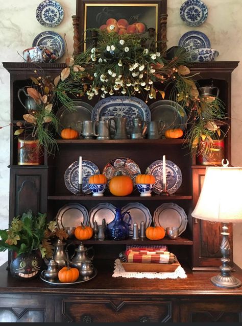 China Cabinet Display Ideas, Fall Hutch Decor Ideas, Old China Cabinet, Blue Fall Decor, Hutch Decor, Decorating Bookshelves, China Hutch, English Decor, Bookcase Decor