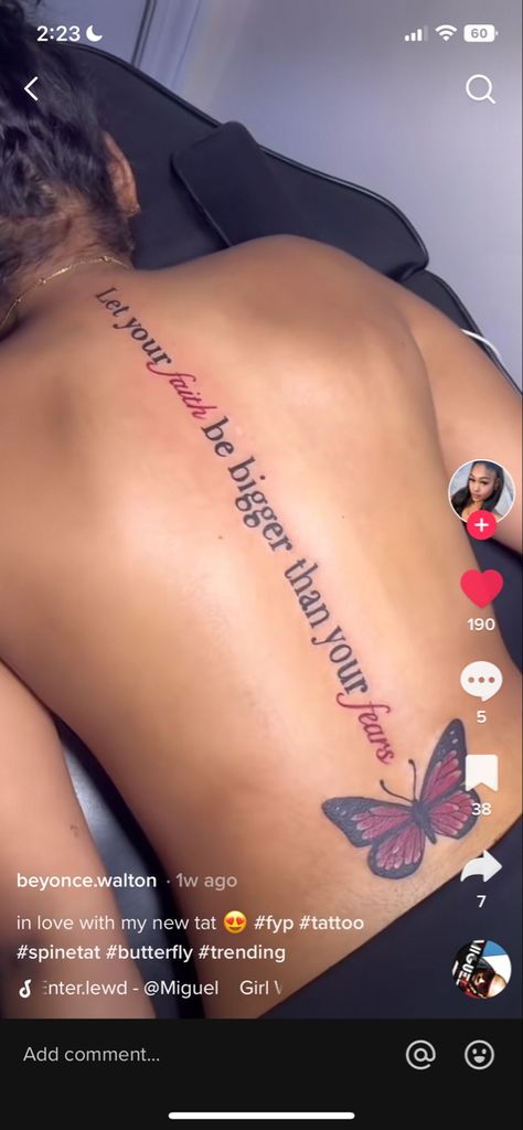 Spine Tattoo Ideas Black Women, Thigh Tats For Women Quotes, Pretty Tattoos For Women Spine, Creative Virgo Tattoo, Spin Tattoos For Black Women, Red Spine Tattoos For Black Women, Word Leg Tattoos For Women, Baddie Spine Tattoo With Meaning, Down Spine Tattoo Women