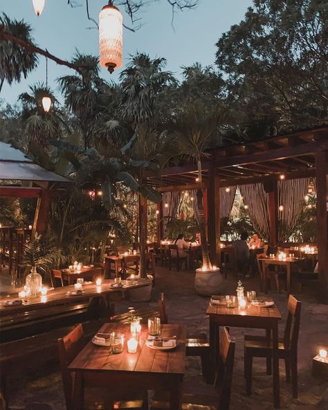 Tulum Inspired Restaurant, Zoo Restaurant Design, Tropical Restaurant Design Exterior, Forest Restaurant Design, Evening Restaurant, Jungle Cafe, Nature Restaurant, Jungle Restaurant, Tropical Restaurant