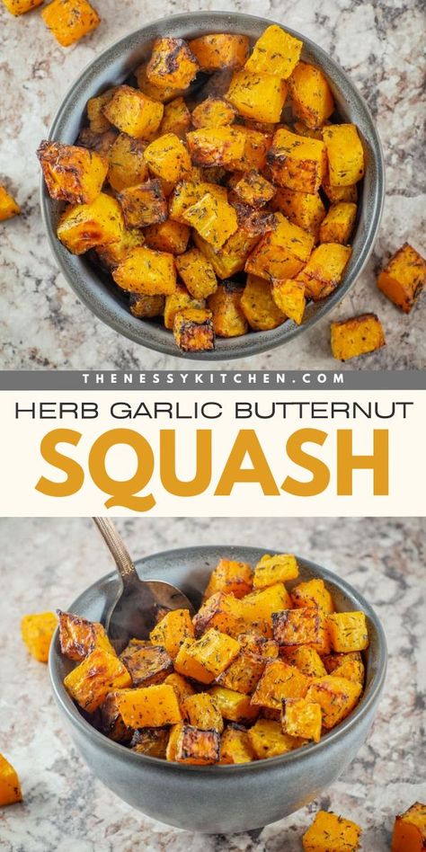 An easy vegetable side dish in under 30 minutes! It's a healthy, delicious veggie recipe using butternut squash cubes. Not only is this air fryer butternut squash tender with a crispy exterior, but they are also perfectly seasoned with garlic and herbs! Air Fryer Butternut Squash Cubes, Pan Fried Butternut Squash, Butternut Squash Air Fryer Recipes, Butternut Squash Recipes Oven, Cubed Butternut Squash Recipes, Butternut Squash Air Fryer, Squash Air Fryer, Garlic Butternut Squash, Cooked Squash