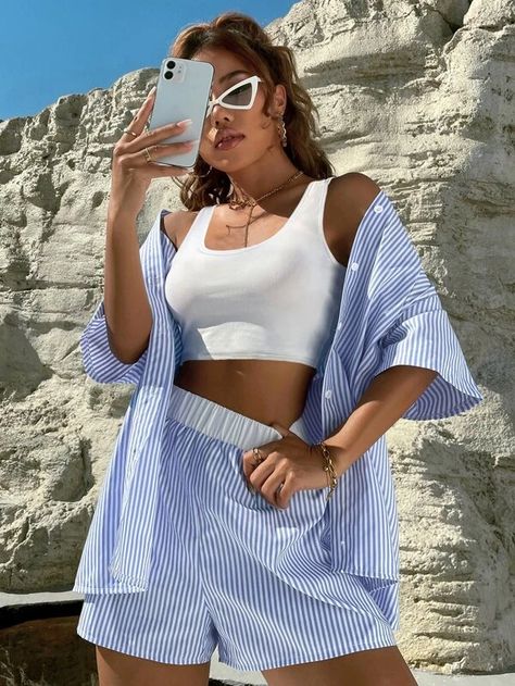 3pcs Solid Cami Top & Striped Print Shorts With Blouse | SHEIN USA Holiday Inspo, Trendy Spring Outfits, Striped Two Piece, Office Wear Women, School Dropout, Fashion School, Loose Fit Shirts, Pinterest Closet, Print Shorts