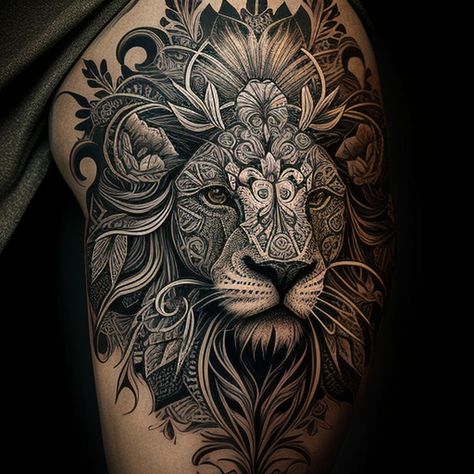 101 Lion Tattoo Ideas - TattooClue.com Mens Lion Sleeve Tattoo, Lion Tattoos For Women Arm, Indian Lion Tattoo Design, Thigh Lion Tattoo Women, Leo Sleeve Tattoos For Women, Floral Lion Tattoo For Women, Greek Lion Tattoo, Lion Sun Tattoo, Leg Lion Tattoo