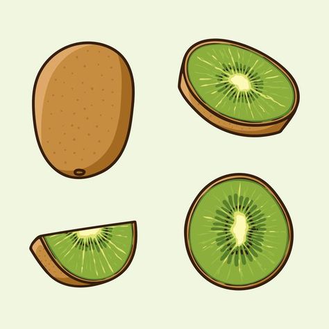 Set different angles of kiwi fruit carto... | Premium Vector #Freepik #vector #background Kiwi Drawing Simple, Kiwi Fruit Drawing, Kiwi Cartoon, Kiwi Drawing, Easy Fruit Drawing, Kiwi Illustration, Kiwi Tattoo, Fruit Charcuterie Board, Fruits Breakfast