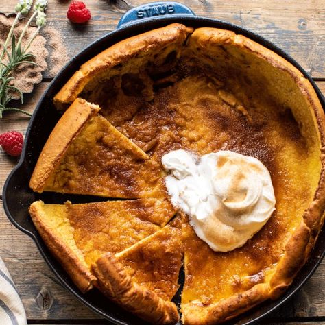 Easy Cinnamon Sugar Dutch Baby Recipe | Crate and Barrel Food Comfort, Baby Recipe, Dutch Baby Recipe, Dutch Baby Pancake, Baked Pancakes, Food Meals, Meals Healthy, Food Easy, Half Baked