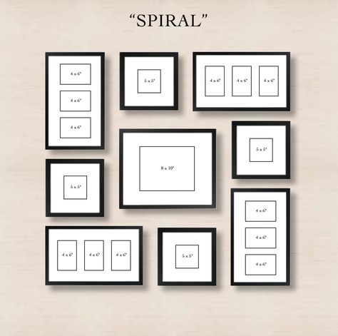 Spiral Gallery Wall Layout Tip: start with placing the center frame, and then spiral out the other frames in the arrangement you see. Make sure there is an even amount of space between all of the other frames and the center frame. The outer frames will lend to a natural square shape. Gallery Wall Staircase, Wonder Wall, Photowall Ideas, Wall Layout, Koti Diy, Picture Arrangements, Photo Walls, Photo Arrangement, Frame Layout