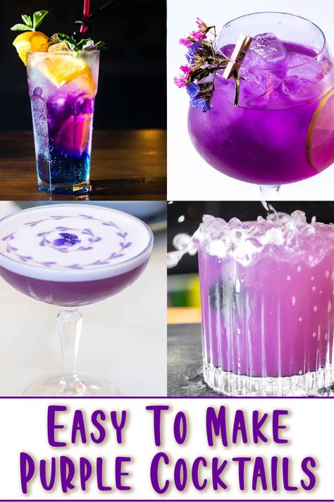 Purple cocktails in various glasses Purple Drinks Alcohol, Alcoholic Drinks Vodka, Fancy Cocktails Recipes, Tequila Mixed Drinks, Lavender Drink, Tonic Cocktails, Bridgerton Party, Lavender Cocktail, Cocktail Gin