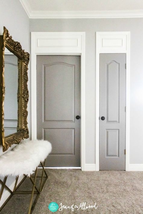 Gray Interior Door in Pewter Case | Jennifer Allwood Farmhouse Revival, Gray Interior Doors, Gray Doors, Interior Door Colors, Grey Interior Doors, Jennifer Allwood, Bath Lights, Painted Interior Doors, Black Interior Doors