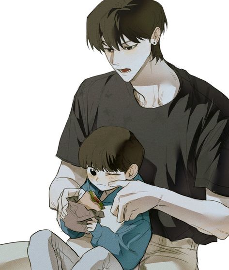 Father And Son Art Drawing, Father And Son Pose Reference, Holding Child Drawing Reference, Father And Son Fanart, Anime Father And Son, Kid Oc Boy, Dad And Son Aesthetic, Father And Son Aesthetic, Father And Son Drawing