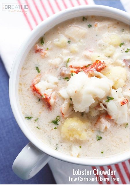 This fantastic lobster chowder can also be made with shrimp, and is low carb, gluten free, AND dairy free! Lobster Chowder, Pane Dolce, Seafood Chowder, Dairy Free Soup, Low Carb Soup, Low Carb Gluten Free, Low Carb Paleo, Low Carb Dinner, Low Carb Diet