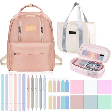 PRICES MAY VARY. Comprehensive Package: the package includes a school backpack, a lunch box, a pencil case, 5 gel ink pens, 6 double-ended highlighter pens, and 6 Transparent Sticky Note 2 Index Tabs; This set of Aesthetic school supplies fulfills a student's academic needs at once Suitable Size for Convenience: these school supplies are designed with suitable dimensions, making them easy to carry and convenient for everyday use; The backpack's dimensions are 16.5 x 12.6 x 4.7 inches, and the lu Angel Drawings, Aesthetic School Supplies, Cool Stationary, Stationery Obsession, Transparent Sticky Notes, Aesthetic Backpack, Aesthetic School, Highlighter Pen, 1 Aesthetic