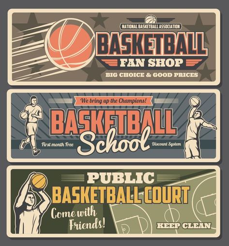 Basketball retro banners fan shop, school or court Club Banner Design, Basketball Banner Design, Banner School Design, Retro Sports Poster, Basketball Banner Ideas, Team Banner Ideas, Sports Day Banner Design, School Banner Design Ideas, Team Banner Design