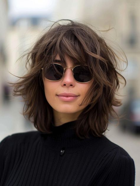 Timeless Shag Haircuts: Effortless Style for Every Hair Type Hair Shag Medium, Medium Shag Haircuts Without Bangs, Midlength Haircuts Choppy, 60s Shag Haircut Short, Rock Star Haircut For Women, Shaggy Shoulder Length Hair Choppy Bobs, Punk Women Hair, Brunette Shag, Shoulder Length Hair With Bangs And Layers