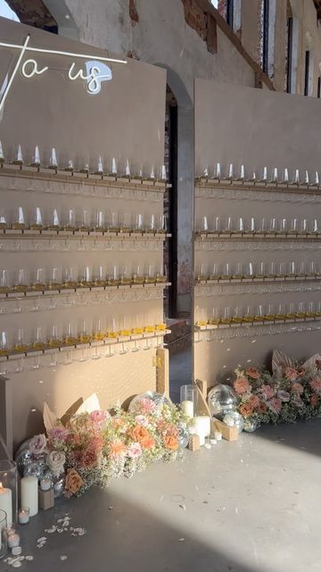 How To Build A Champagne Wall, Champagne Wall Wedding, Champagne Walls, Party Rental Ideas, Neutral Glam, Champagne Wall, Flower Backdrop Wedding, Rental Ideas, Spanish Wedding