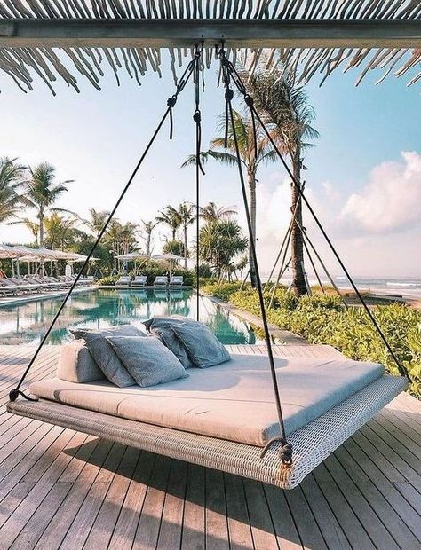 Hanging Daybed on Porch Idea | Outdoor Furniture & Living Ideas from the Best Beach Resorts | Best Staycation Ideas Daybed On Porch, Cane Outdoor Furniture, Wooden Hammock, Hanging Daybed, Macrame Hanging Chair, Porch Outdoor, Swing Bed, Backyard Swings, Hanging Beds