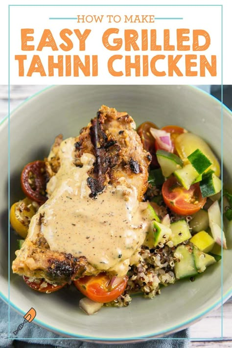 Greek Chicken Bowls With Tahini Feta Sauce, Tahini Chicken Bowl, Tahini Sauce For Chicken, Chicken With Tahini Sauce, Chicken Tahini Recipes, Tahini Recipe Ideas, Tahini Chicken Recipe, Recipes With Tahini, Chicken Tahini