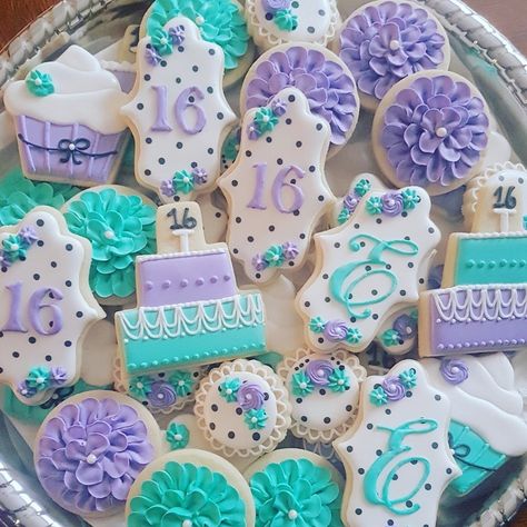 Sweet 16 birthday sugar cookies Sweet 16 Cookies Purple, Sweet 16 Cookies Decorated, Sweet 16 Sugar Cookies, 16th Birthday Cookies, Sweet 16 Cookies, Bday Cookies, 16 Cookies, Birthday Sugar Cookies, Kids Cookies