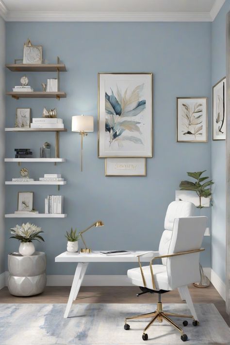 Step into tranquility with Serenity (2055-60), the ultimate wall paint color for a peaceful workspace in 2024. Discover how to create a serene retreat for productive workdays.  #interiordesign #Serenity205560 #Ad #homedecor #homedesign #trendgirlApartment #Painthome #interiorarchitecture Wall Colors Green Room Colors Bright Room office Colors Apartment Renovation Home office Remodeling Modern Paint Colors 2024 Pale Blue Office, Office Room Colors, Home Office Wall Color Ideas, Calming Office, Office Colours, Neat Room, Green Room Colors, Paint Colors 2024, Blue Grey Living Room