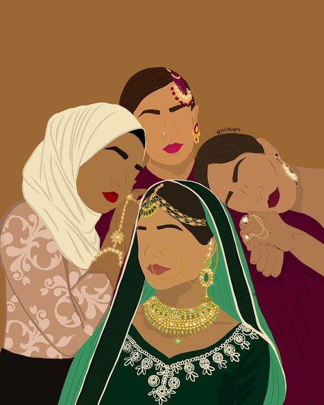 South Asian Culture Art, South Asian Women Art, South Asian Illustration, Indian Culture Illustration, Desi Drawing, Desi Illustration, Traditional Women, Feminism Art, Women Illustration