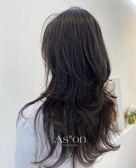 Long Asian Wolfcut, Asian Layer Haircut, Hush Cut Back View, Long Haired Wolf Cut, Long Layers Korean, Wolf Cut Long Straight Hair, Wolf Cut Pelo Largo, Hush Layered Cut, Long Hush Haircut