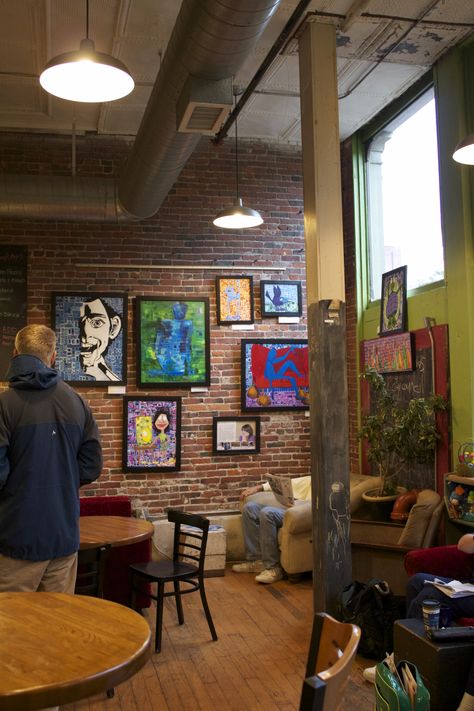 Artistic Cafe Interior, Queer Coffee Shop, Coffee Shop Art Gallery, Edgy Coffee Shop, 90s Coffee Shop Aesthetic, Art Coffee Shop, Hipster Coffee Shop, Coffee Shop Art, Casual Bedroom