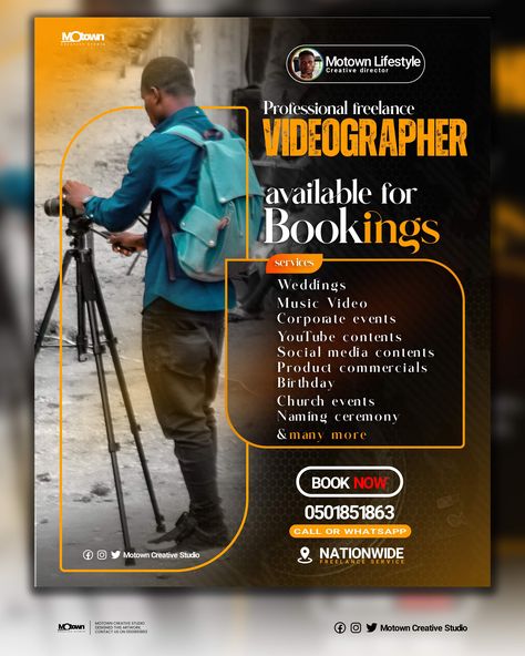 freelance Videographer flyer Freelance Videographer, Film Academy, Flyer Design Inspiration, Church Graphic Design, Graphic Design Ads, Church Events, Naming Ceremony, Instagram Photo Ideas Posts, Wedding Music