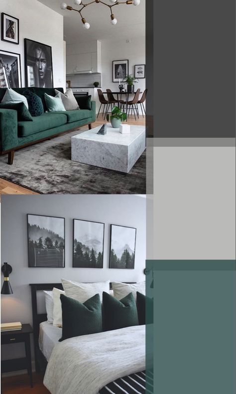 Gray Green Black Bedroom, Green And Grey Home Decor, Hunter Green And Gray Bedroom, Black Gray Color Scheme, Gray Green And Black Bedroom, Dark Green Gray Bedroom, Black White Gray Green Bedroom, Home Decor Ideas Green And Grey, Dark Green Grey And Black Bedroom