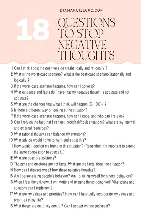 Struggling with a flood of negative thoughts? Explore these impactful questions crafted to help you interrupt the cycle and nurture a more positive outlook. Learn how small changes in how you see things can make a big difference in your day and enhance your mental health. Tap to dive deeper! How To Change Your Thinking, How To Overcome Negative Thoughts, Negative To Positive Thoughts, Turning Negative Thoughts Into Positive, Journal Prompts For Negative Thoughts, How To Challenge Negative Thoughts, Automatic Negative Thoughts Worksheet, How To Stop Negative Thoughts, Mental Health Questions