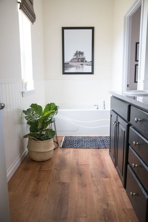 Life Proof Vinyl Flooring, Bathroom Wood Floor, White Plank Walls, Lifeproof Vinyl Flooring, Wood Floor Bathroom, Paint Cabinets, Vinyl Flooring Bathroom, Vinyl Wood Flooring, Bathroom Wood