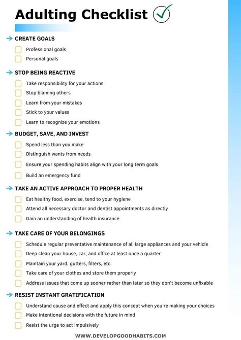 This simple adulting checklist highlights some of the most important personal development skills you need to improve to begin to be an "adult". The checklist can be downloaded as a free pdf. check it out, and learn more about why these six simple ideas are so important to becoming a responsible adult, The Checklist To Live The Life, How To Be An Organized Person, Personal Needs List, Adulting 101 Free Printable, Adulting Tips 20s, Personal Development Journal, Adulting 101 Checklist, Self Improvement Checklist, Check Off What You Did This Year List