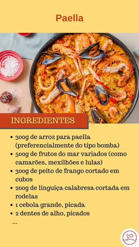 A paella é um prato espanhol famoso mundialmente, conhecido pela sua combinação única de arroz, frutos do mar, frango ou carne e uma variedade de temperos aromáticos.  Receita completa no link Cataplana Recipes, Camping Fire, Fire Food, Savoury Food, Food Art, Seafood, Easy Meals