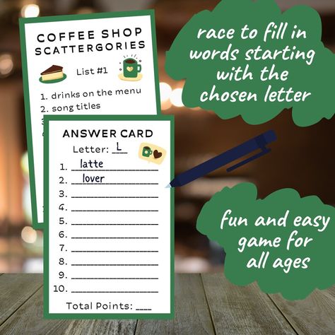 Coffee Shop Scattergories // Printable Birthday Party Game // Game Night // Coffee Theme // Bridal Shower Game // Teen Girl Sleepover Game - Etsy Girl Sleepover Games, Cinnamoroll Party, Birthday Party Game, Night Coffee, Girl Sleepover, Sleepover Games, 27th Birthday, Coffee Theme, Think Fast