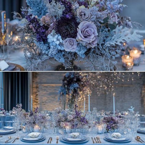 Style your winter wedding with enchanting purple accents. From a purple winter wedding bouquet to a beautifully crafted cake, bring elegance to every detail. Choose a purple theme with wedding flowers, decor, and dresses that embrace the season. Create a stunning purple winter wedding aesthetic with decorations, guest dresses, and an inspiring color palette. Let these purple ideas make your winter wedding a day to remember! Dark Purple Winter Wedding, Purple Winter Wonderland Wedding, Blue Purple Wedding Decorations, Galaxy Wedding Flowers, Purple And Silver Wedding Ideas, Purple Winter Wedding Ideas, Blue Purple White Wedding, Purple Blue Wedding Theme, Royal Blue And Purple Wedding Theme