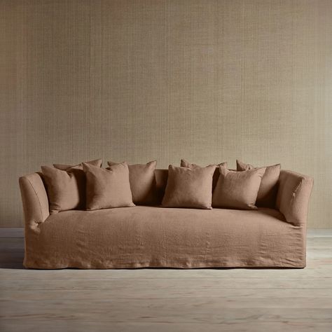 The Expert - Signature Slip Sofa - Stonewashed Linen Apricot, 84" Japandi Apartment, Jake Arnold, Celebrity Interior Design, Stain On Pine, Twenty Twenty, Mid Century Sofa, Linen Sofa, Curved Sofa, Fame Dr