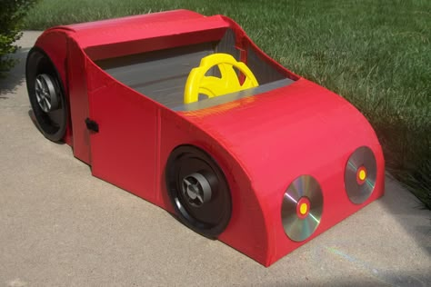 How to Make a Car From a Cardboard Box Cardboard Box Diy, Car Costume, Cardboard Box Car, Cardboard Boat, Cardboard Car, Cardboard Design, Cardboard Toys, Storage Trunk, Box Diy