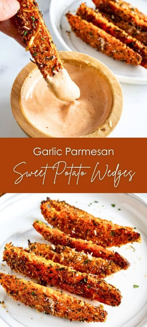 Easy Baked Garlic Parmesan Sweet Potato Wedges - Yummy and fully Garlic Parmesan Sweet Potato Wedges, Sweet Potato Garlic Parmesan, Sweet Potato Wedges Baked, Sweet Potato Recipes Savory, Gluten Free Sweet Potato Recipes, Parmesan Sweet Potatoes, Baked Sweet Potato Recipes, Crispy Sweet Potato Wedges, Healthy Sweet Potato Recipes