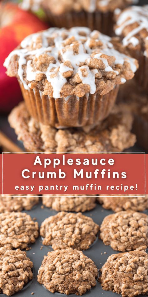 A family favorite fall apple muffin recipe - apple crumb muffins made with applesauce and brown sugar crumb topping. Every time we make these spice muffins, we get tons of compliments! Muffin Recipes With Applesauce, Carmel Apple Muffins Recipes, Apple Sauce Muffin Recipes, Apple Muffins With Applesauce, Apple Sauce Recipes Baking, Muffin With Applesauce, Apple Muffins With Crumb Topping, Muffins Made With Applesauce, Apple Sauce Muffins