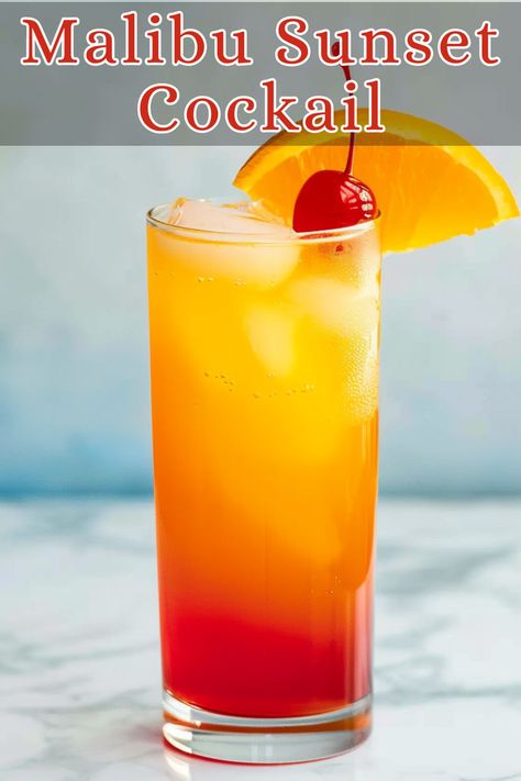 The Malibu Sunset is a vibrant, tropical cocktail that layers the flavors of coconut rum, pineapple juice, and orange juice, topped with a splash of grenadine for a beautiful gradient effect. Pineapple Juice Cocktails Rum, Pineapple Juice Cocktails, Summer Rum Cocktails, Rum And Orange Juice, Dark Rum Cocktails, Rum Cocktails Easy, Malibu Rum Drinks, Malibu Pineapple, Coconut Rum Drinks