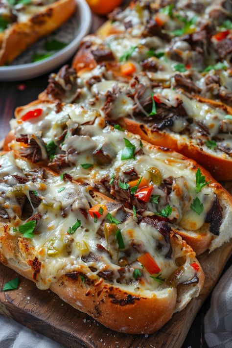 Philly Cheesesteak Cheesy Bread French Garlic Bread, Crispy Garlic Bread, Peppers Onions Mushrooms, Best Philly Cheesesteak, Cheesy Bread Recipe, Frozen Garlic Bread, Steak Sandwich Recipes, Chicken Philly, Philly Cheese Steak Recipe