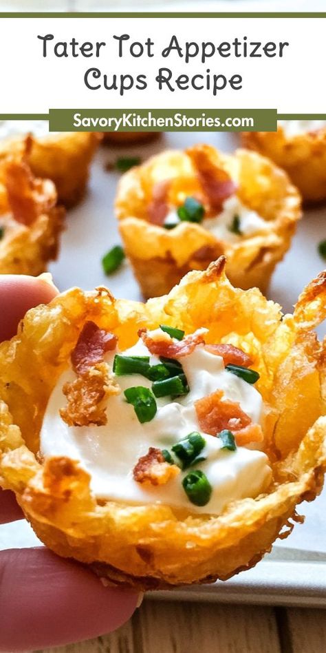 Craving a tasty twist on traditional appetizers? Tater Tot Appetizer Cups combine comfort food with creativity! Easy to make and customize, these delightful bites are sure to impress. Be sure to save this recipe for your next party or family get-together and enjoy the compliments! Tater Tot Snacks, Cheese Sauce For Tater Tots, Appetizers With Tater Tots, Tortilla Scoops Appetizers, Tater Tot Bites, Quick And Easy New Years Appetizers, Tater Tot Appetizer Cups, Scoops Appetizers Tostitos, Smashed Tater Tot Recipes